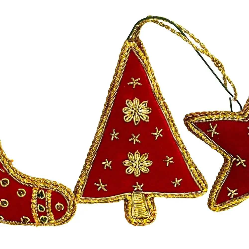 Vintage red cloth & gold cord ribbon trim Christmas tree ornaments handmade - Picture 3 of 7